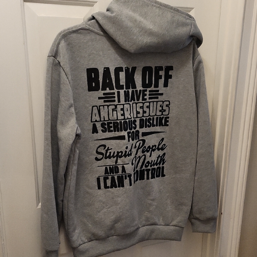 Mens Medium Gray Hoodie with Bold Black Text. Its Almost A Large. Brand New - Picture 2 of 4